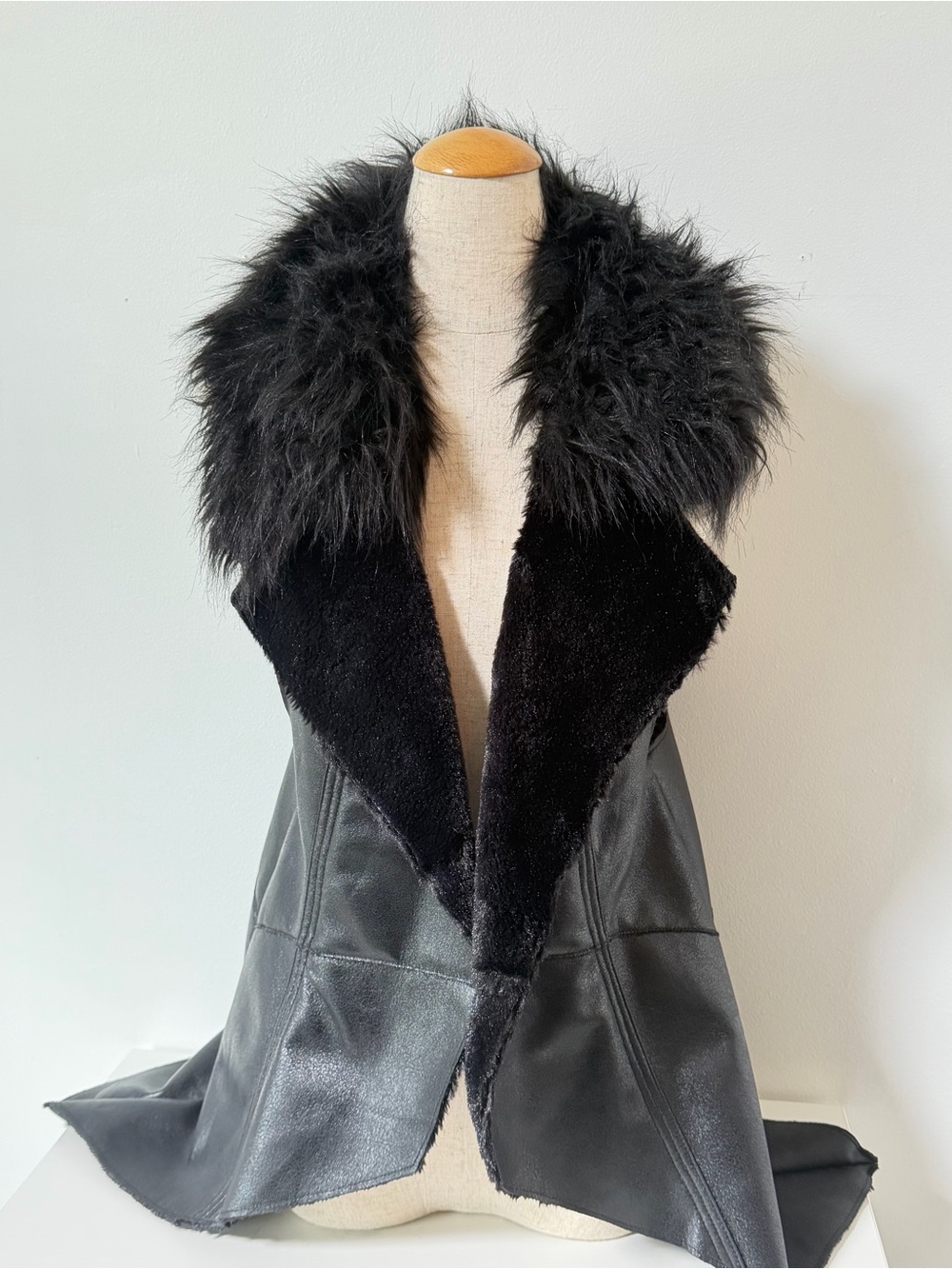 Bagatelle Black Faux Suede and Leather Vest with Faux Fur Collar
